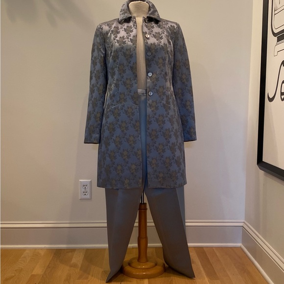 Kate Hill Womens Set Blue Print Long Blazer Satin Blue Pant/Jacket 4/Pant6 - Picture 1 of 15